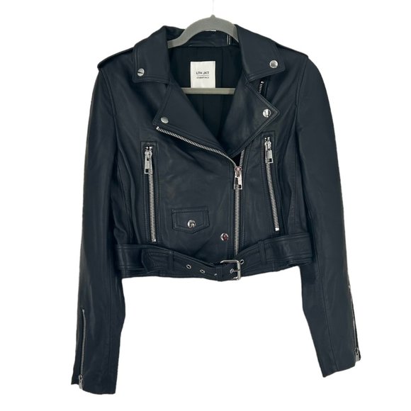 LTH JKT Mya Cropped Leather Moto Biker Jacket in Ocean Navy - Picture 2 of 8
